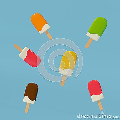 Illustration set of ice-cream fruits flavour colorful. Cartoon Illustration