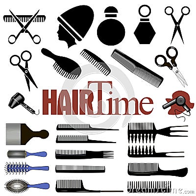 set of items for the hairdresser comb, scissors, hair dryer with the inscription hair time Vector Illustration