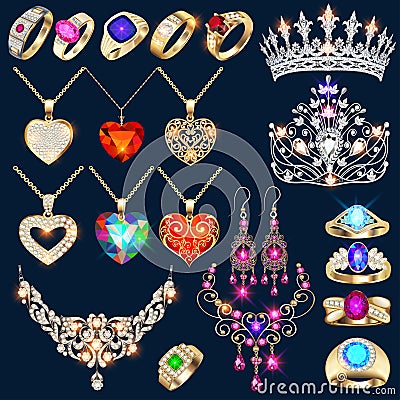 set of jewelry made of gold and silver with precious stones rings, earrings, necklaces, tiaras and pendants with Vector Illustration