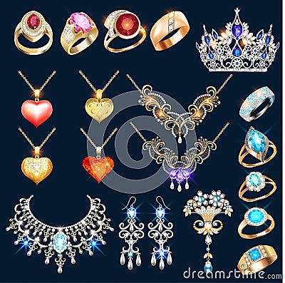 set of jewelry made of gold and silver with precious stones rings, earrings, necklaces, tiaras and pendants with Vector Illustration