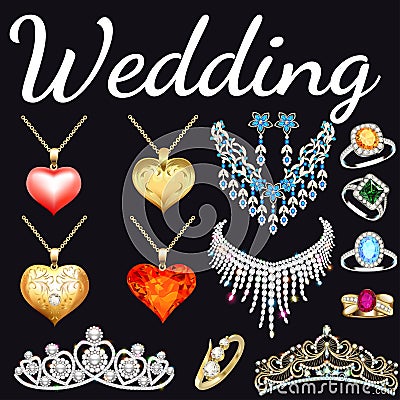 set of jewelry made of gold and silver with precious stones rings, earrings, necklaces, tiaras and pendants with Vector Illustration