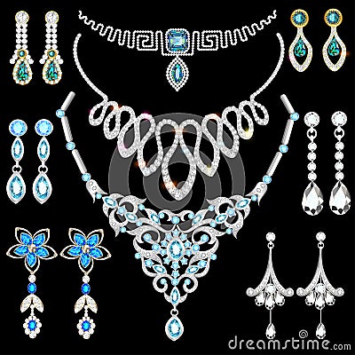 set of jewelry made of silver gold and precious sto Vector Illustration