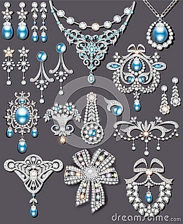 set of jewelry made of silver and precious stones brooch, earrings, necklace, pendants Vector Illustration