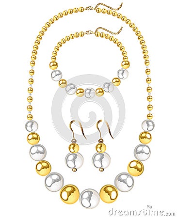 set of jewelry necklace, bracelet and earrings from gold and pearl beads Vector Illustration