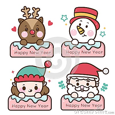 Illustration set of label Christmas character cartoon, santa vector, rain deer, elf, snowman: Kawaii animal, Happy New year festiv Vector Illustration