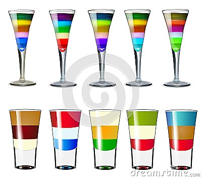 set of layered alcoholic cocktails in different colors on a white background Vector Illustration