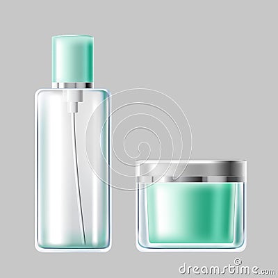 illustration set of light blue glass cosmetic packaging Cartoon Illustration