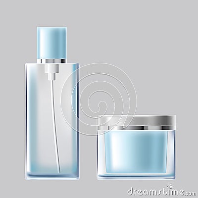 illustration set of light blue glass cosmetic packaging Cartoon Illustration