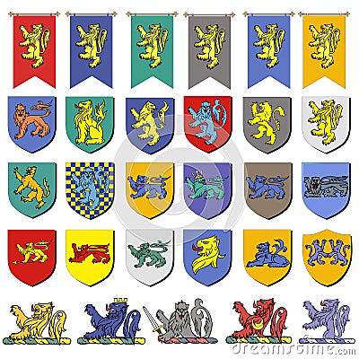 set of multicolored vintage heraldic emblems with lions flags and shields Vector Illustration