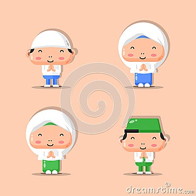 Set of Muslim characters of boys and girls. Ramadan mascot Vector Illustration