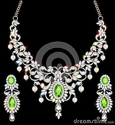 set of necklace and earrings, wedding female diamond and emerald Vector Illustration