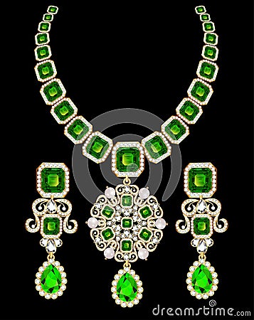 set of necklace and earrings, wedding female diamond and emerald Vector Illustration