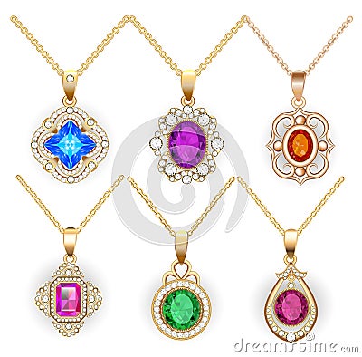 Set of necklace pendants jewelry made of precious stones isolated on white background Vector Illustration