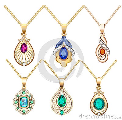 Illustration set necklace pendants jewelry made of precious stones isolated on white background Vector Illustration