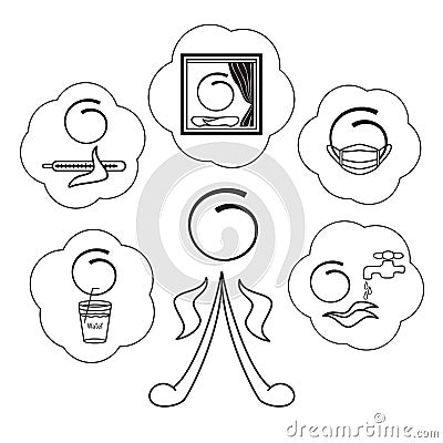 Illustration of a set of simple pandemic health drawings, simple drawings and human action icons for protection and information Vector Illustration