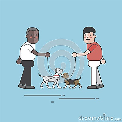 Illustration set of pet shop owners walking with their dogs Stock Photo