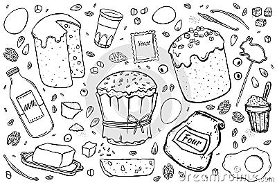 Illustration set recipe Easter cake. Black outline objects isolated on white background. Color doodle style Stock Photo