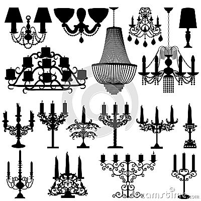 set of silhouettes of candelabra lamps and candlesticks with candles and crystal chandeliers on a white Vector Illustration