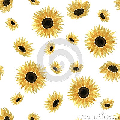 Set of sunflowers isolated on white background, seamless repeat pattern with watercolor sunflower head Stock Photo