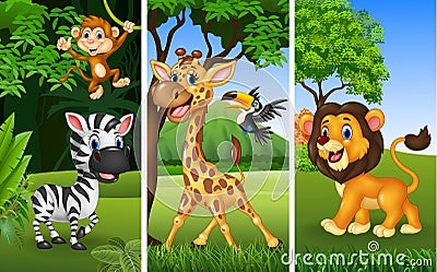 Set of three wild animals with nature background Vector Illustration