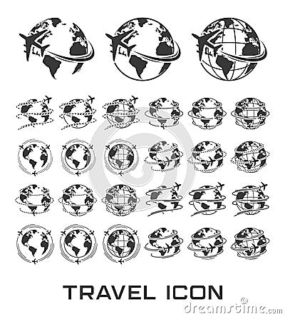 Set of Travel icons with airplane fly around the earth Stock Photo