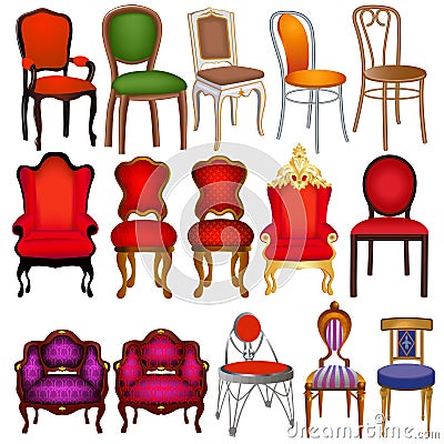 set of vintage chairs of different colors and shapes Vector Illustration