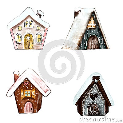 illustration of a set of winter gingerbread houses Cartoon Illustration