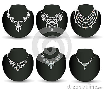 set woman wedding necklace with pearls and precious stones isolated on white background Vector Illustration