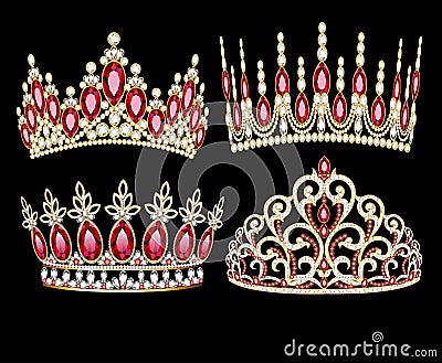 set of womens gold diadem tiara with precious stones Vector Illustration