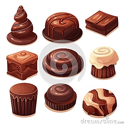 Illustration of set of yummy assorted Chocolate dessert. Chocolate candies set. Collection of chocolate candies Stock Photo