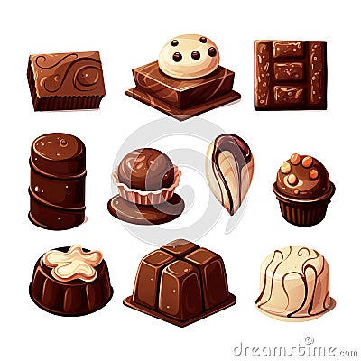 Illustration of set of yummy assorted Chocolate dessert. Collection of chocolate candies. Chocolate candies Stock Photo