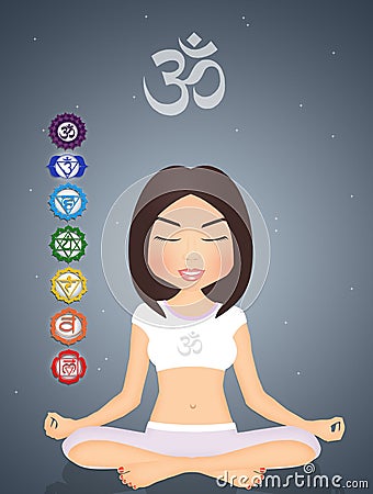 Seven chakras symbols and girl in meditation Stock Photo