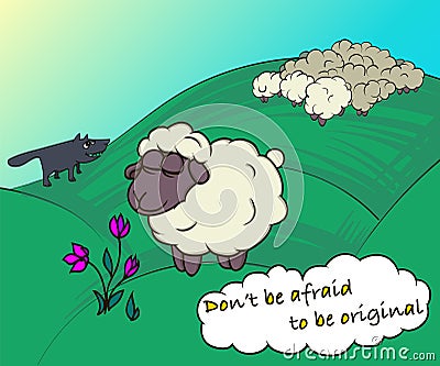 Illustration sheep, comic sheep, white wool, wolf. Stock Photo