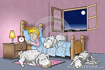 illustration of sheep sleeping on bed of man who finally fell asleep too Cartoon Illustration
