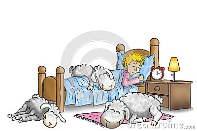 illustration of sheep sleeping on bed of man who finally fell asleep too Cartoon Illustration