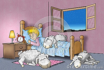 illustration of sheep sleeping on the bed of man woken up by alarm clock in the morning Cartoon Illustration