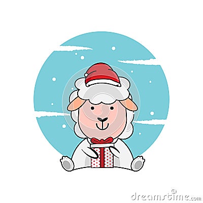 Illustration sheep wearing christmas hat and hugging gifts Vector Illustration