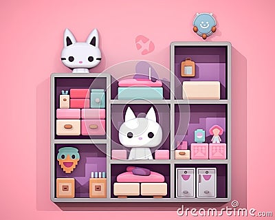 an illustration of a shelf full of toys on a pink background Cartoon Illustration