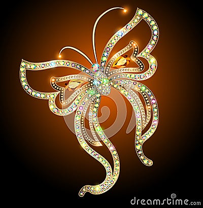 Illustration shining jewelry butterfly brooch with precious stones Vector Illustration