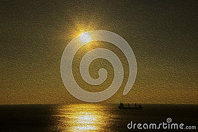 Illustration of a ship in the sea at sunset, texture of a golden shade with a drawing of a ship at sunset, sea landscape Stock Photo