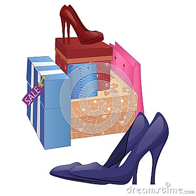 Illustration with shoe boxes and pairs of high-heel shoes. Isolated on white background. Vector illustration Stock Photo