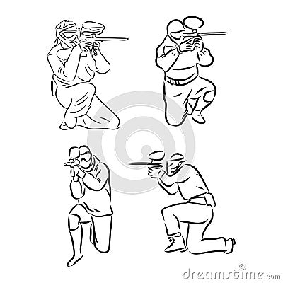 Illustration of a shooting soldier, black and white drawing, white background paintball vector sketch illustration Stock Photo