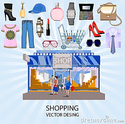 shopping background with supermarket and goods of clothes, shoes, cosmetics, glasses and watches Vector Illustration