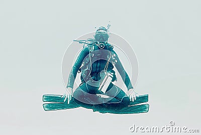 An illustration shot of a scuba diver posing as a Buddha Cartoon Illustration