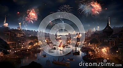 Illustration of shots of colorful fireworks on cityscape, ships, boats, water. New Year's fun and festiv Vector Illustration