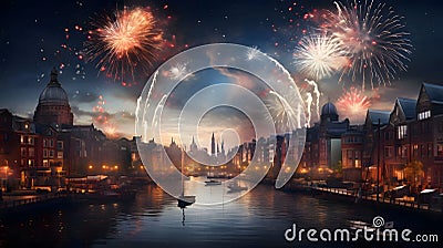Illustration of shots of colorful fireworks on cityscape, ships, boats, water. New Year's fun and festiv Vector Illustration