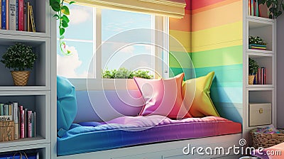 Colorful and cozy reading nook illustration with vibrant cushions by a sunny window Cartoon Illustration