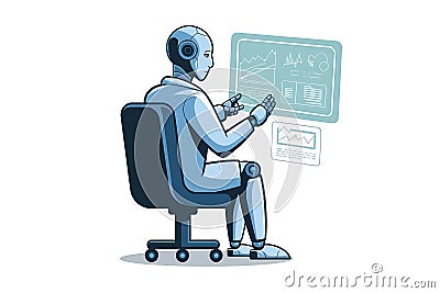 Futuristic Robot Analyst Working with Data Visualization Cartoon Illustration