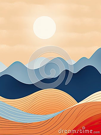 illustration showcases pastel-colored abstract mountains under a serene sunrise. Cartoon Illustration