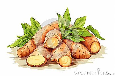 A vibrant illustration showcasing a drawing of a pile of fresh turmeric or ginger roots with green leaves on a plain Cartoon Illustration